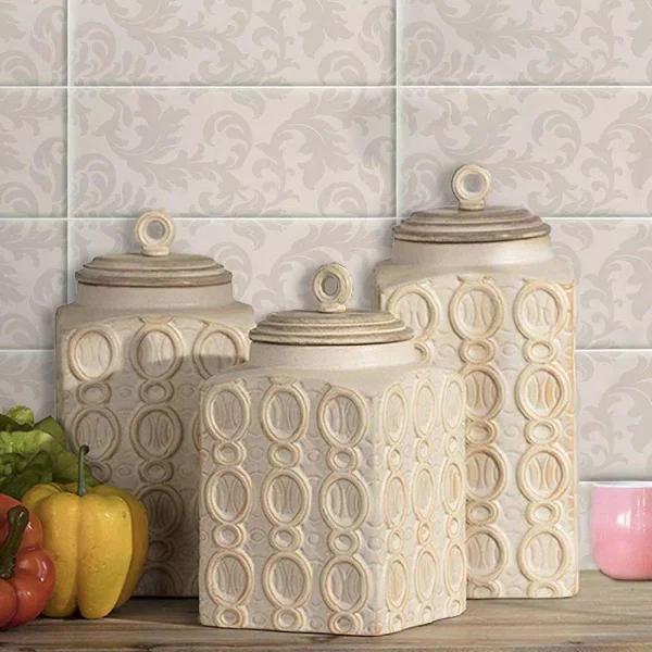 Benjara Dreanna 3-Piece White Ceramic and Mango Wood Canister Set with Distressed Cream Finish