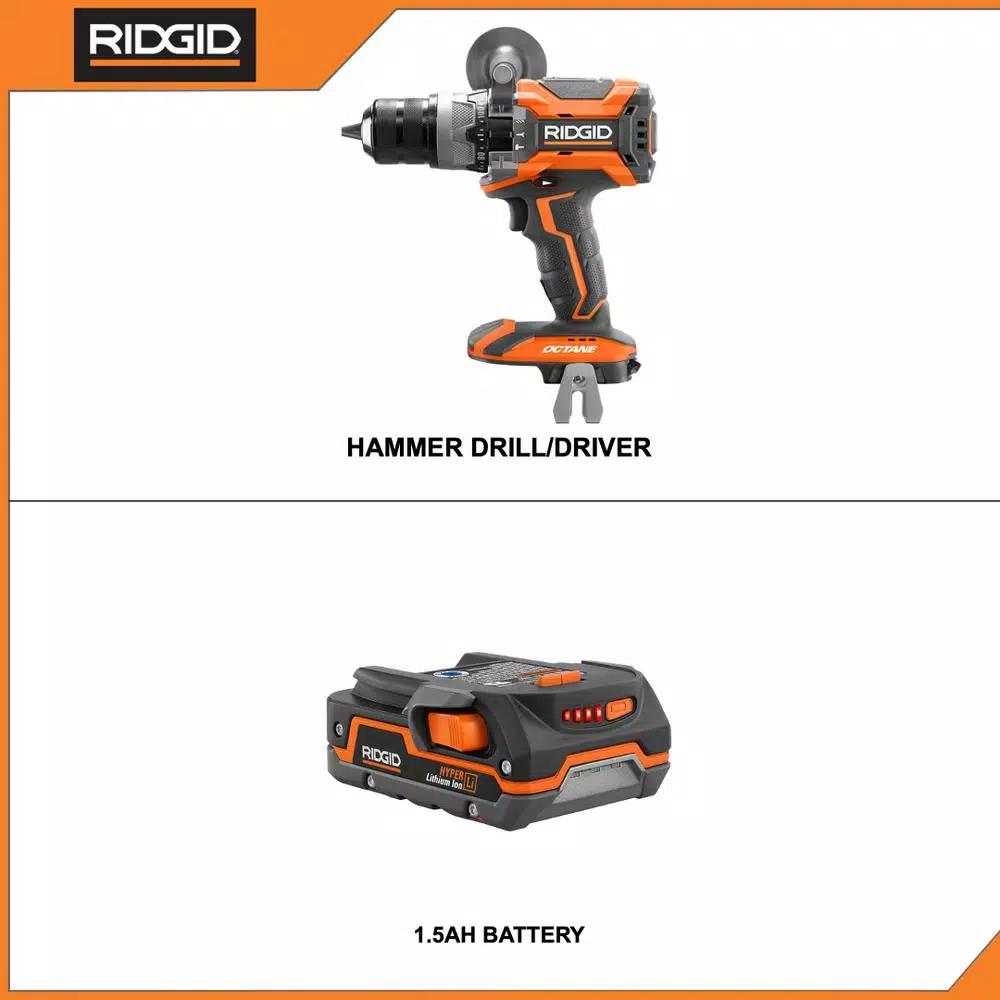 RIDGID 18V OCTANE Brushless 1/2 in. Hammer Drill Driver Kit with 1.5 Ah Battery