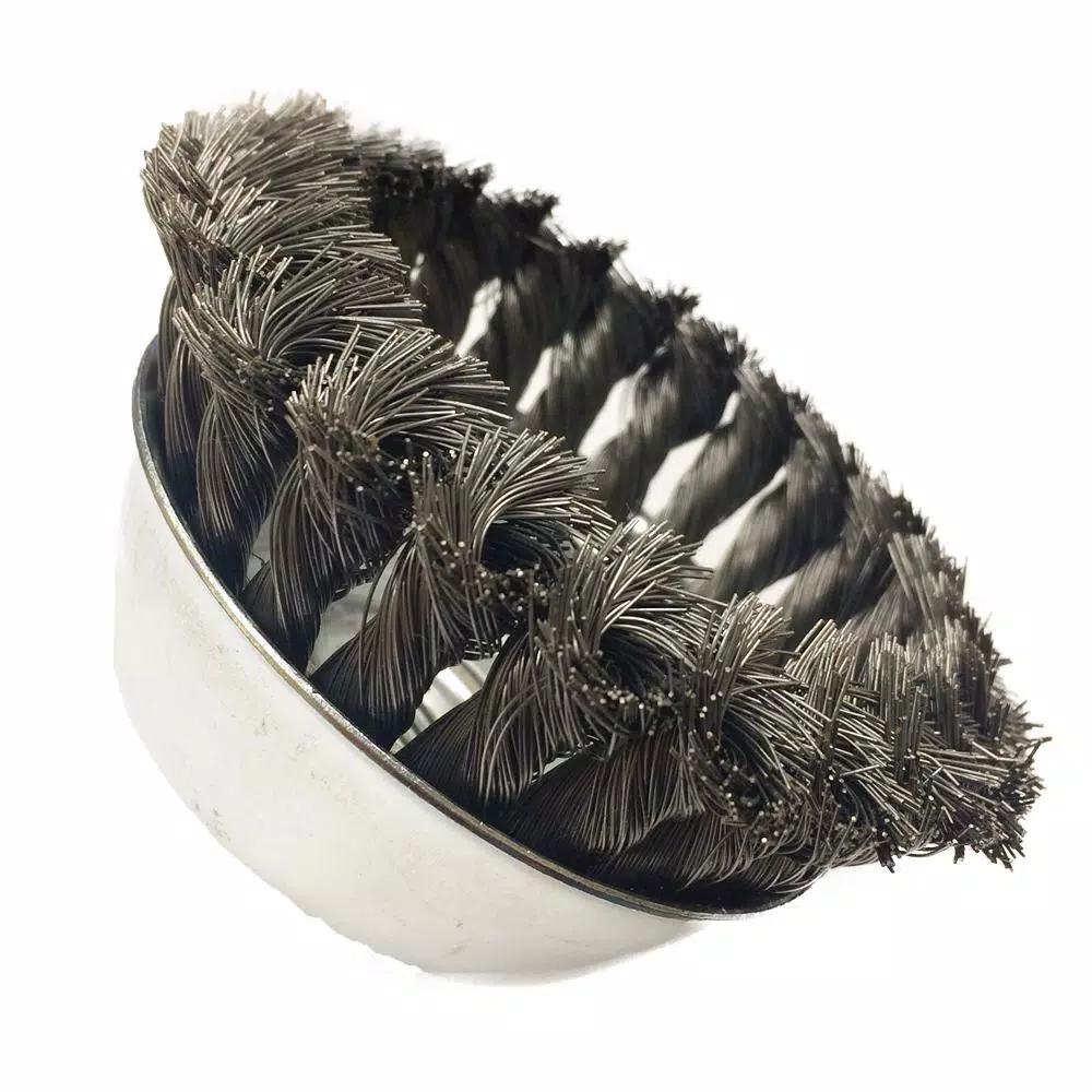 Robtec 4 in. Knotted Steel Wire Cup Brush, 5/8"-11 Threaded Arbor, 0.014 in. Wire