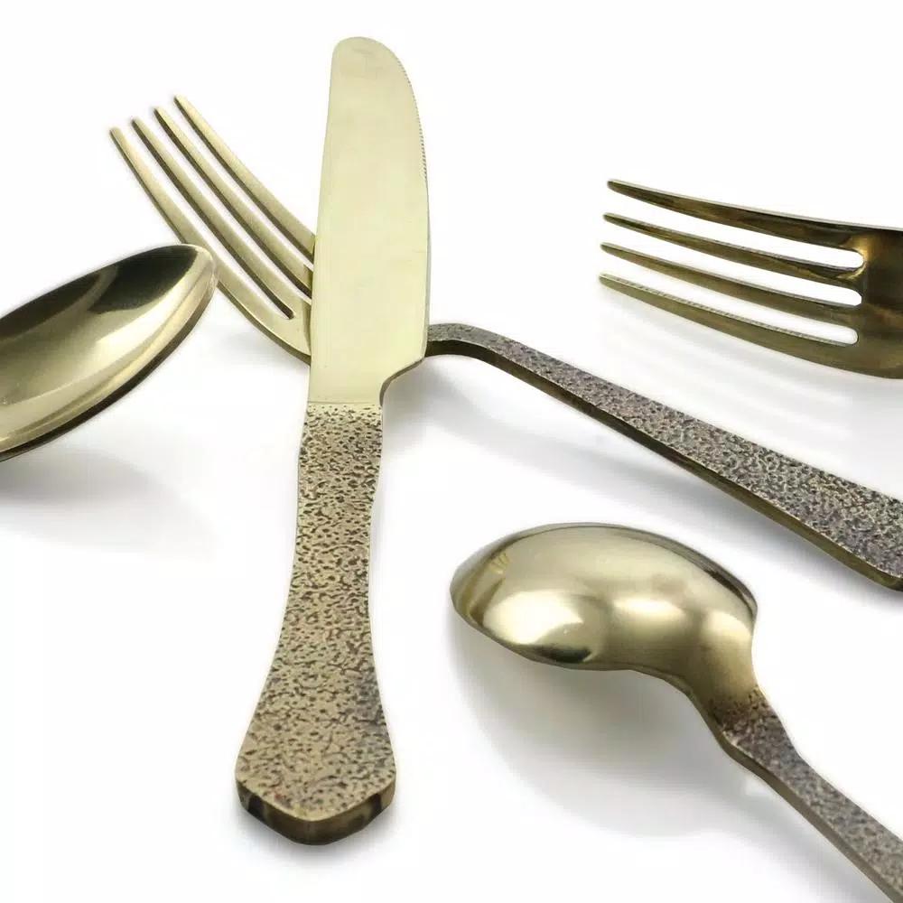Gibson Elite Zambezi 5-Piece Gold Hammer Texture Stainless Steel Flatware Set, Service for 1