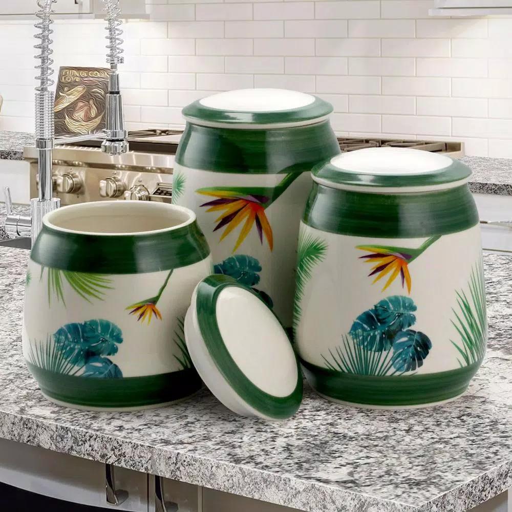 Elama Paradise Palms 3-Piece Green Ceramic Kitchen Canister Set with Airtight Lids