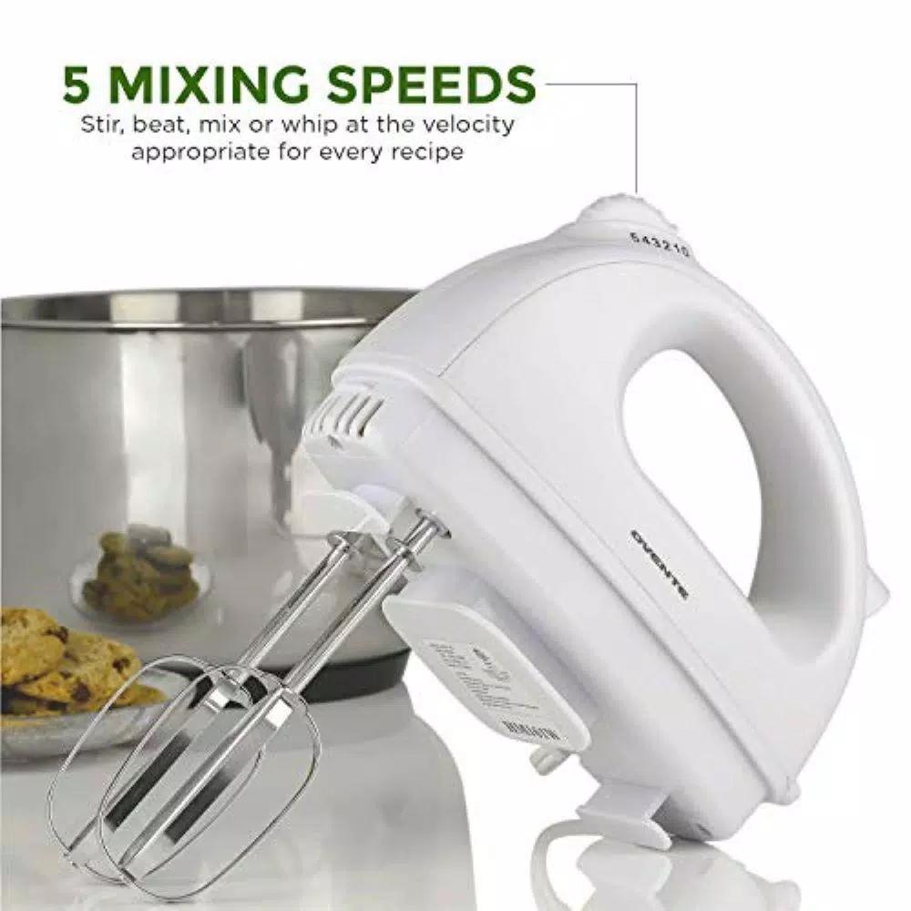 Ovente HM161 5-Speed 150W Electric Hand Mixer with Chrome Beaters and Snap-On Storage Case, White