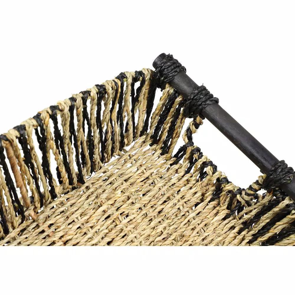 LITTON LANE Handmade Black and Natural Striped Palm Leaf and Seagrass Basket Tray Set of 3
