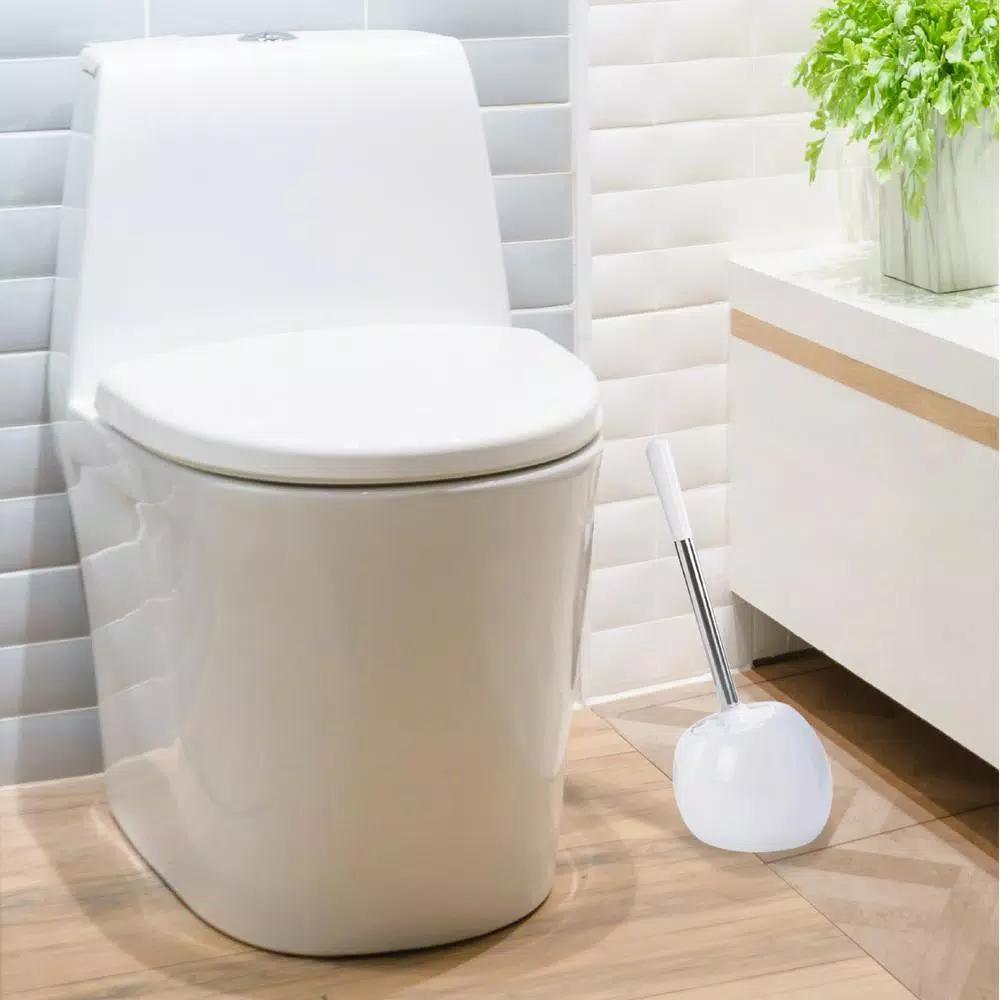 Bath Bliss Ceramic Dome Toilet Brush and Holder Set, Stainless Steel Handle, White
