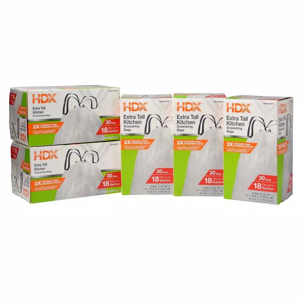 HDX 18 Gal. White Kitchen and Compactor Drawstring Trash Bags, 150-Count