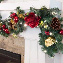 Village Lighting Company 9 ft. Pre-Lit Red Magnolia Christmas Garland with 100 LED Mini Lights thumbnail 2