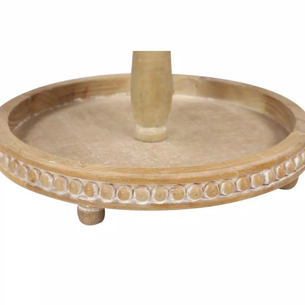 LITTON LANE Tall Natural Beige Birch Wood 2-Tier Round Serving Tray Stand with Wood Bead Accents