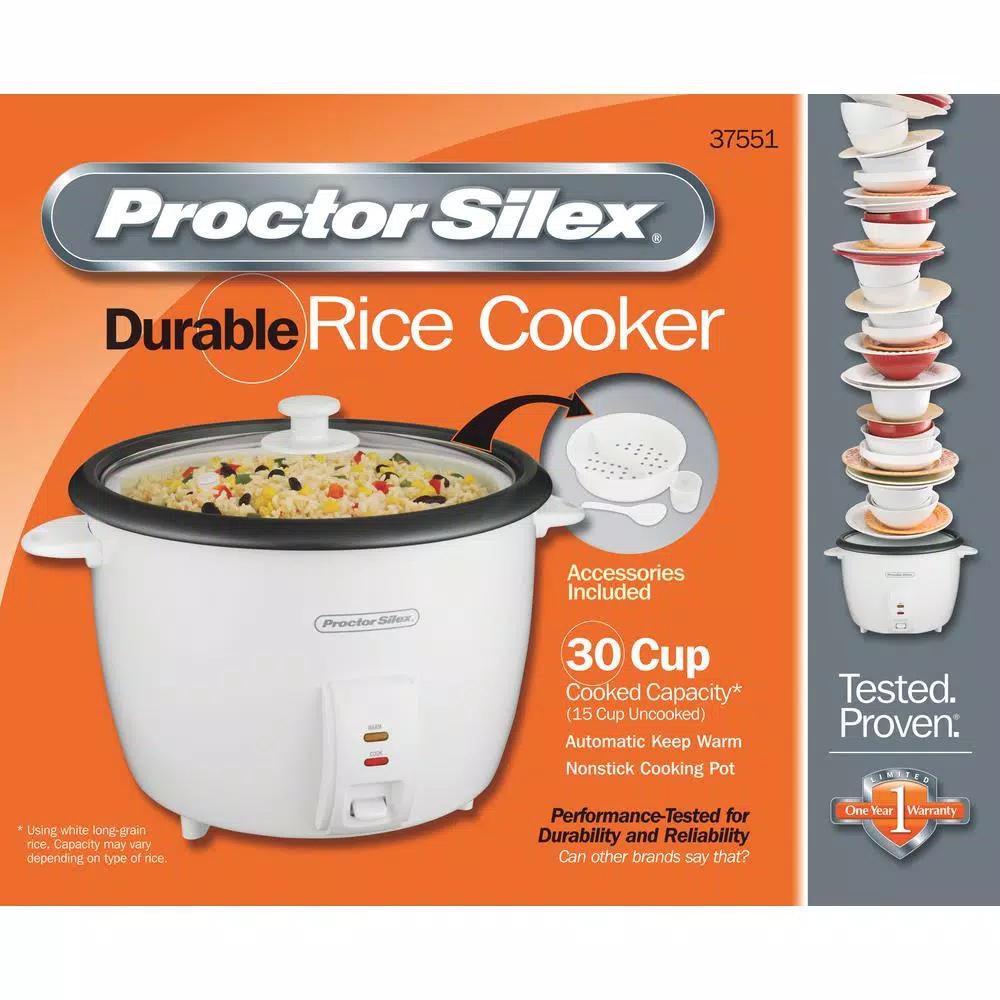 Proctor Silex 30-Cup White Rice Cooker with Steaming Basket and Keep Warm Function