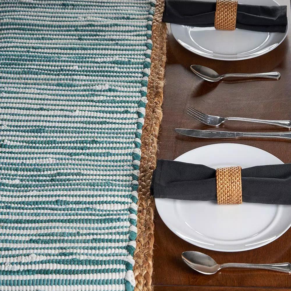 LR Home Blue and Cream Striped Cotton Table Runner with Jute Border, 16 x 80 in.