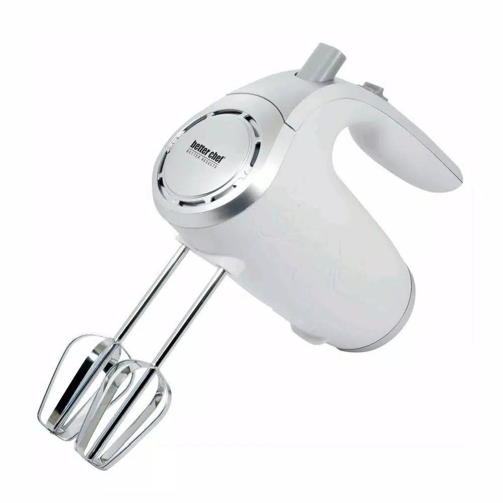 Better Chef 150-Watt 5-Speed Hand Mixer with Stainless Steel Beaters and Dough Hooks, White