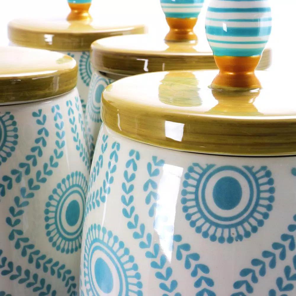 Urban Market Life On the Farm 4-Piece Durastone Kitchen Canister Set with Lids, Blue Abstract Design