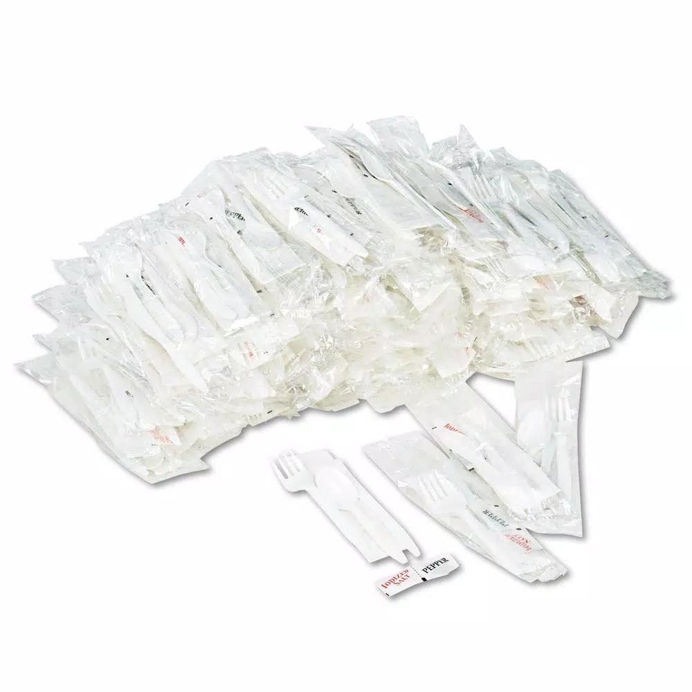 GEN White Wrapped Cutlery Kit with Napkin, Salt & Pepper - 250 Count Case