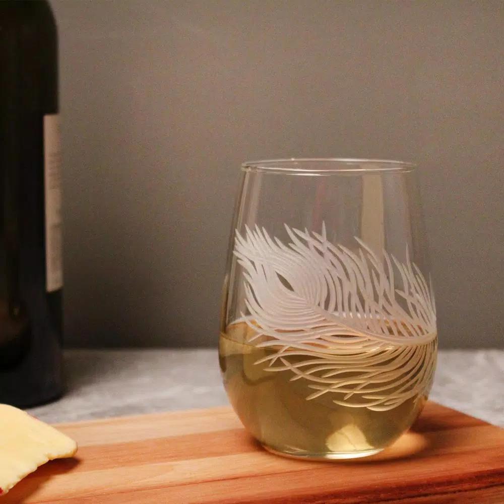 Rolf Glass Peacock Etched Stemless Wine Glass Set of 4, 17 oz Clear Glass Tumblers