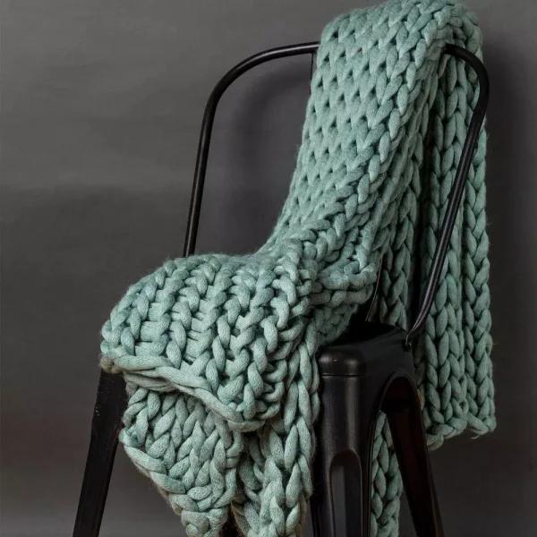 DONNA SHARP Aqua Acrylic Chunky Knitted Throw Blanket, Modern Solid Blue Decor