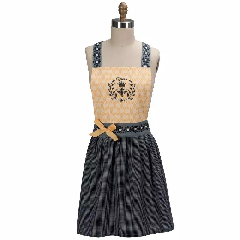 Kay Dee Queen Bee Yellow Cotton Hostess Apron with Honeycomb Bodice and Gingham Skirt