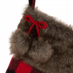 Glitzhome 21 in. Buffalo Plaid Christmas Stocking - Black and Red Polyester Fur thumbnail 2