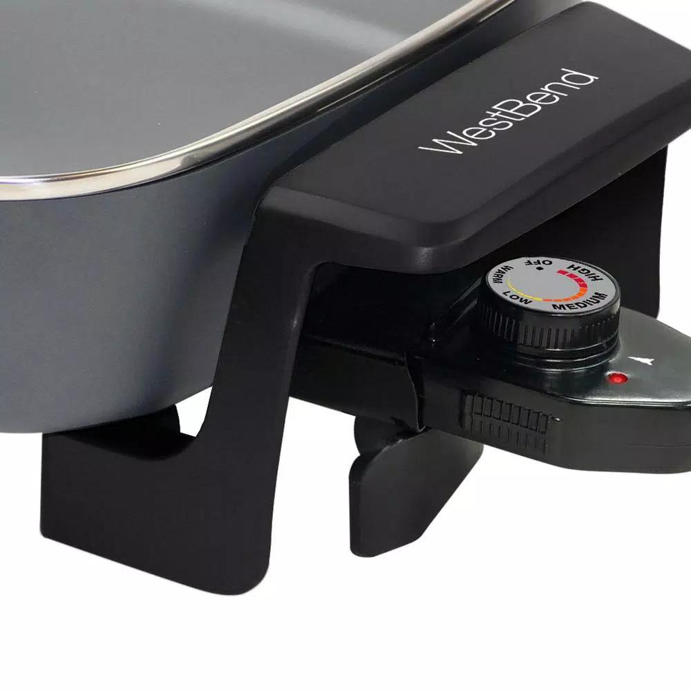 West Bend 12 in. Gray Square Electric Skillet with Grease Channel and Tilt Leg