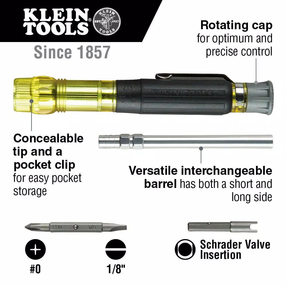 Klein Tools 3-in-1 HVAC Pocket Multibit Screwdriver with Concealable Tips and Schrader Bit