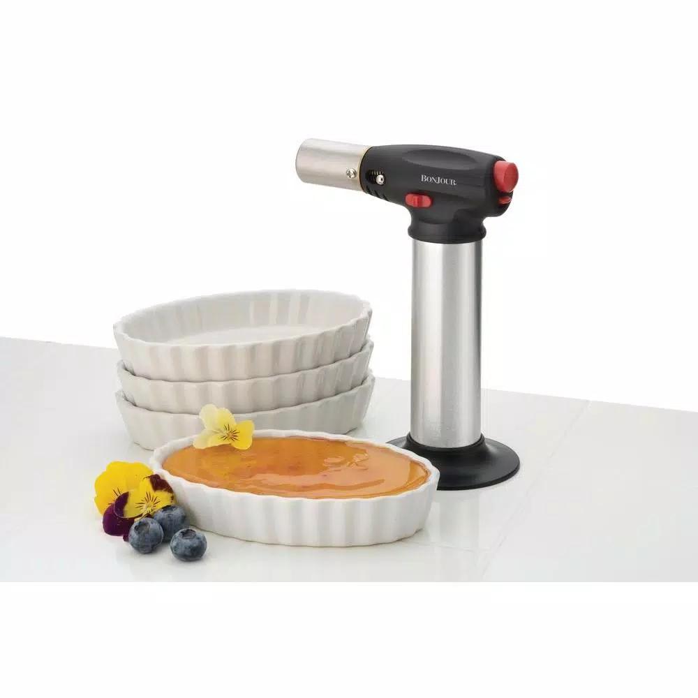 BonJour Creme Brulee Torch and Ramekin Set - 5 Piece Ceramic Oval Dish Set with Stainless Steel Torch