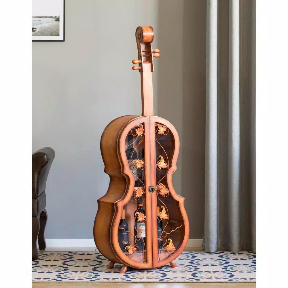 Vintiquewise Antique Brown Violin Shaped Wooden Wine Rack - 53.5 inch Floor Wine Cabinet with Acrylic Doors