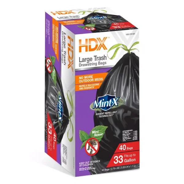 HDX 33 Gallon Rodent Repellent Trash Bags with Mint-X Technology, Drawstring, Black, 40-Count