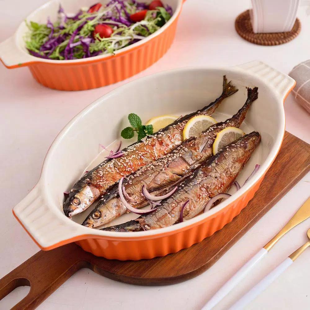 MALACASA 2-Piece Orange Oval Porcelain Bakeware Set, 12.75 in. and 14.5 in. Ceramic Baking Pans