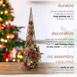 Alpine Corporation 20 in. Rustic Pinecone Christmas Tree Decor with Holly and Plaid Bow thumbnail 5