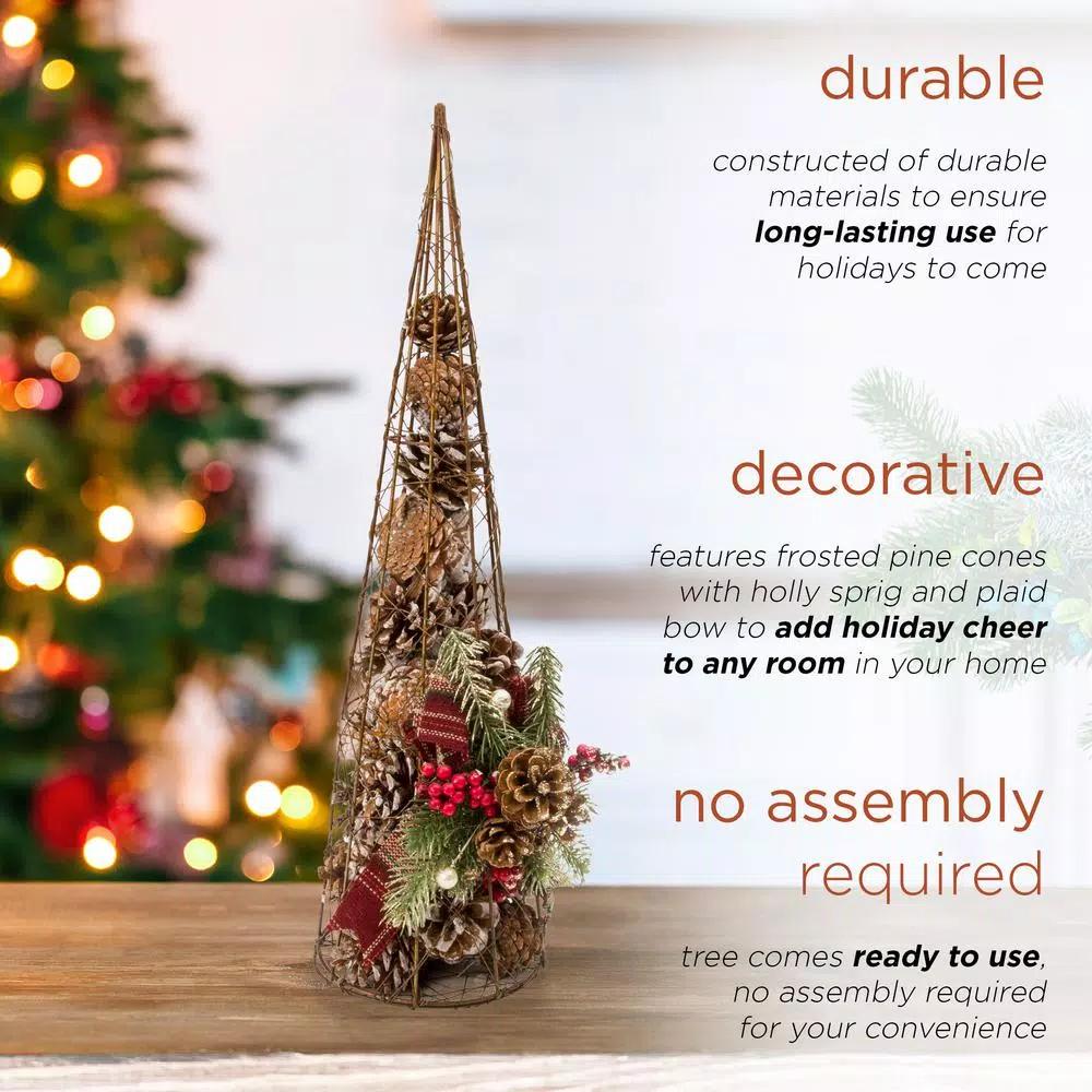 Alpine Corporation 20 in. Rustic Pinecone Christmas Tree Decor with Holly and Plaid Bow