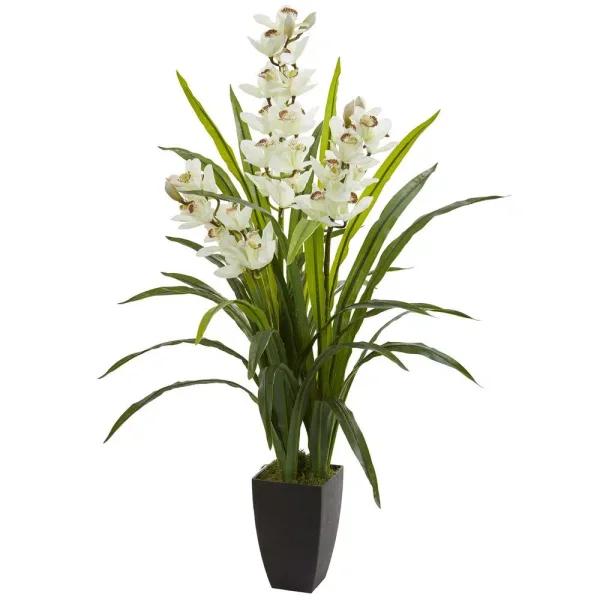 Nearly Natural 45 in. Artificial White Cymbidium Orchid Plant in Stone Pot