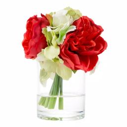 Pure Garden 6.5 in. Red Hydrangea and Rose Artificial Floral Arrangement in Glass Vase thumbnail 2