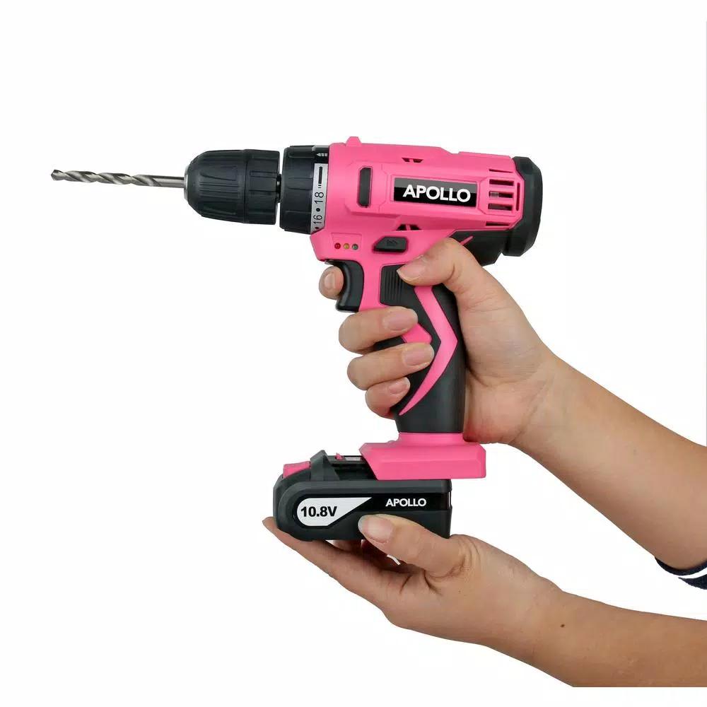 Apollo 10.8V Cordless Drill Driver Kit with 30-Piece Accessory Set, Pink