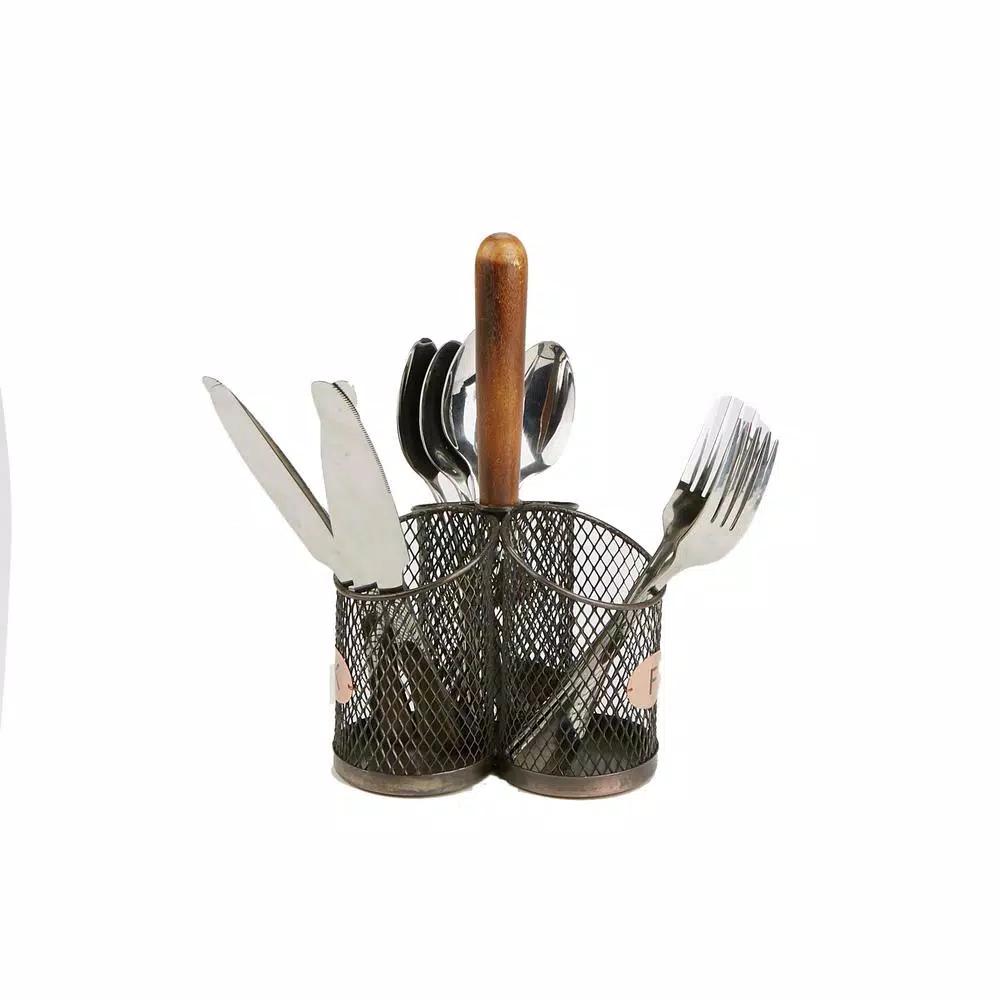 MIND READER Stainless Steel Utensil Caddy & Silverware Organizer with Wood Handle
