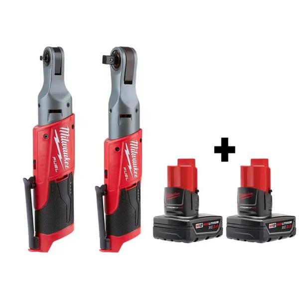 Milwaukee M12 FUEL 1/4 in. and 1/2 in. Cordless Ratchet Combo Kit with Two 3.0 Ah Batteries