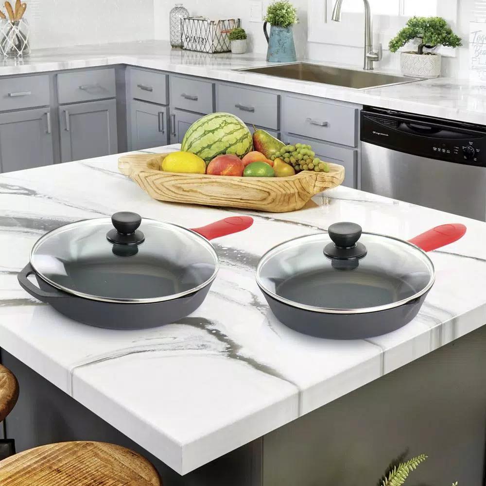MegaChef 6-Piece Pre-Seasoned Cast Iron Skillet Set with Lids and Silicone Holders