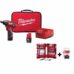 Milwaukee M12 12V Lithium-Ion Cordless 1/4 in. Hex Screwdriver Kit with 62-Piece SHOCKWAVE Bit Set thumbnail 1