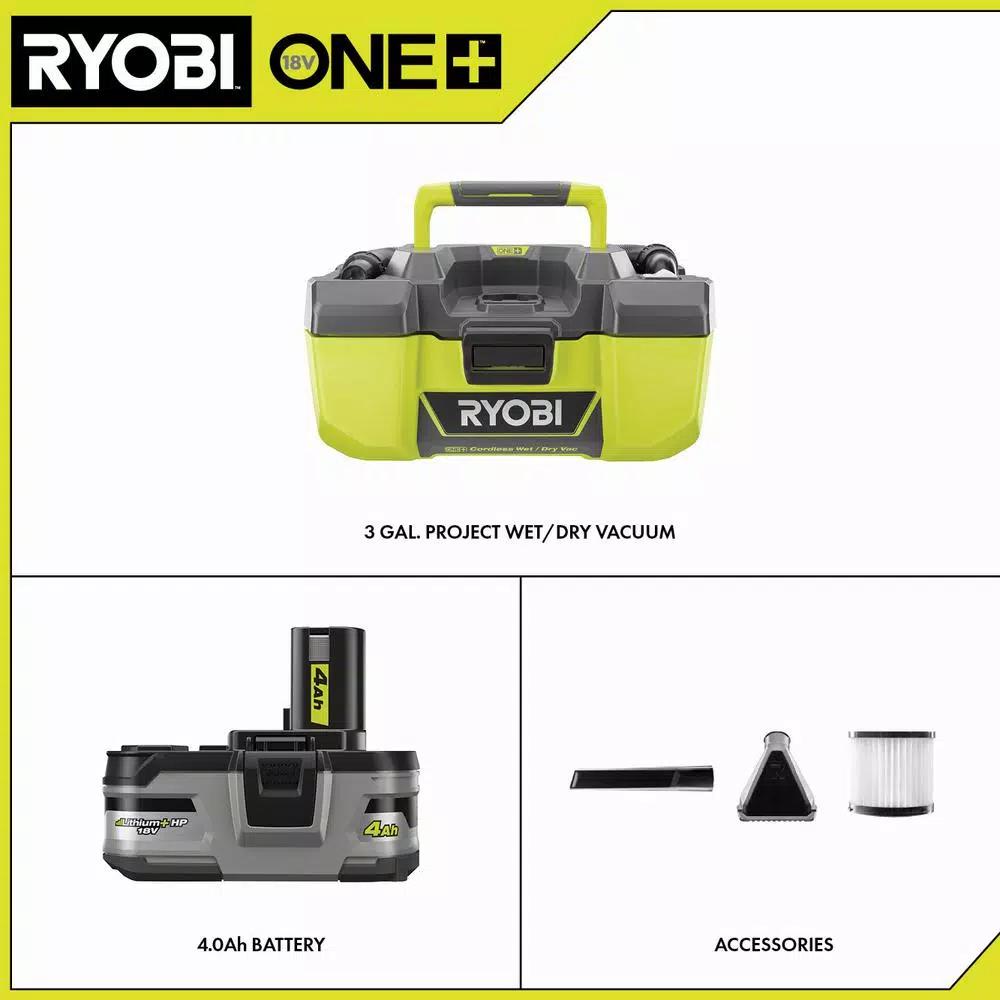RYOBI 18V ONE+ 3 Gal. Project Wet/Dry Vacuum with 4.0 Ah LITHIUM+ HP Battery