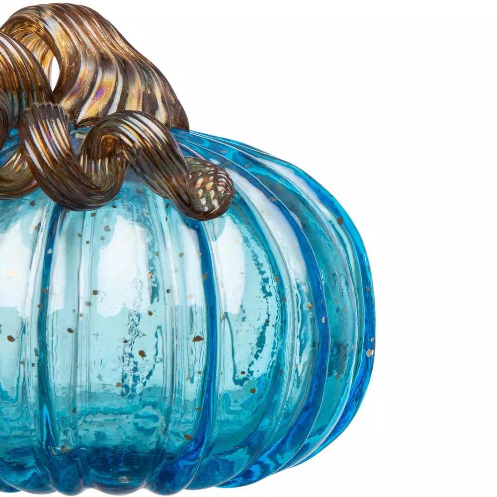 Glitzhome Set of 3 Blue Hand-Blown Glass Pumpkins - Decorative Tabletop Autumn Ornament