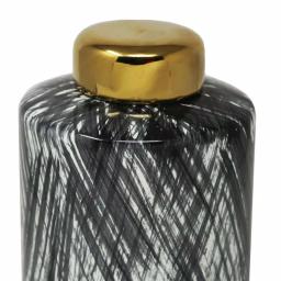 Benjara Black and White Ceramic Lidded Ginger Jar with Criss Cross Pattern and Gold Lid thumbnail 3