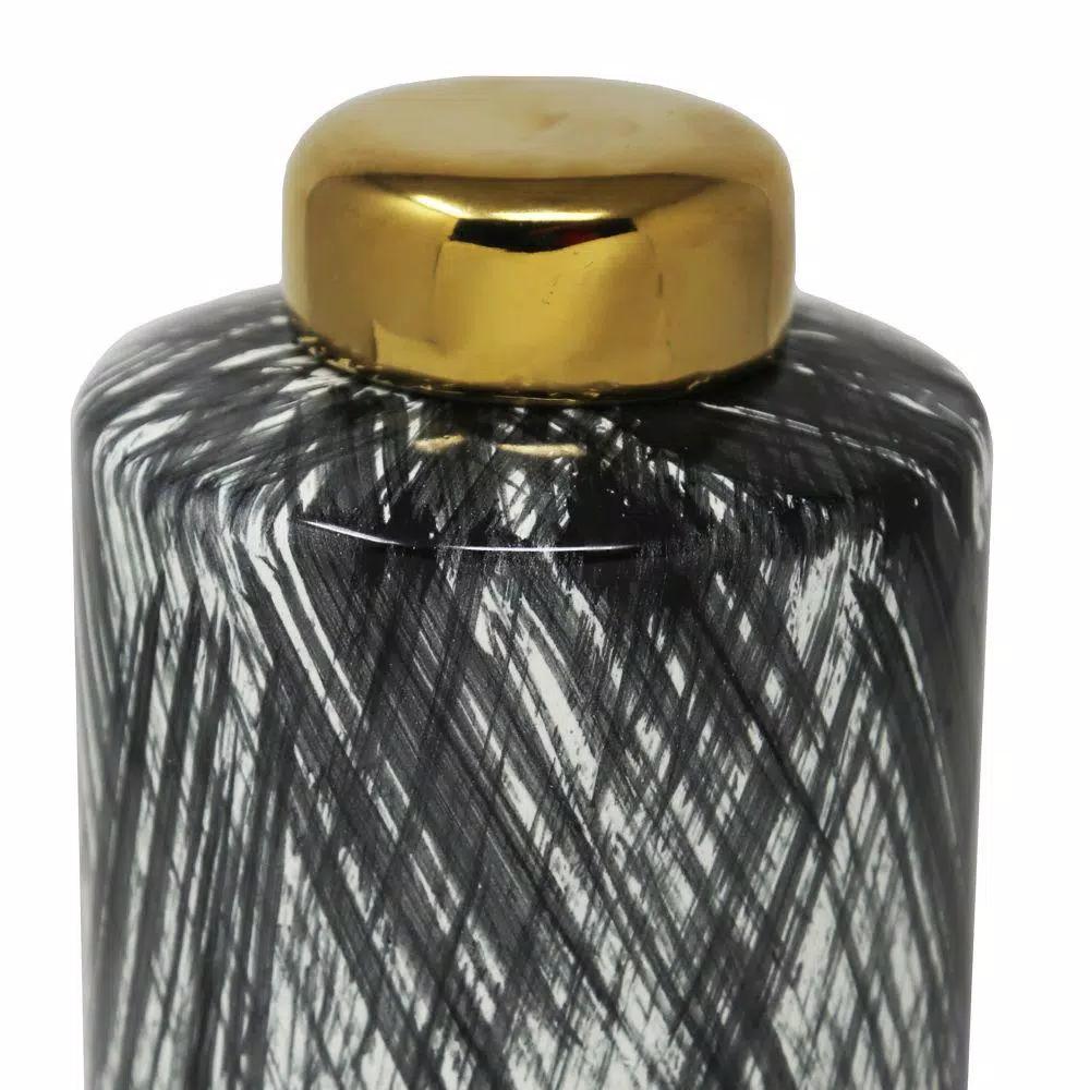 Benjara Black and White Ceramic Lidded Ginger Jar with Criss Cross Pattern and Gold Lid