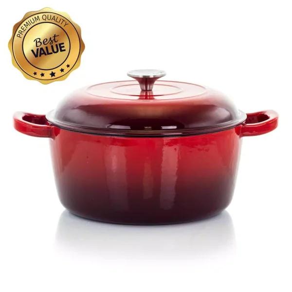 MegaChef 5 Qt. Round Enameled Cast Iron Casserole Dish with Lid, Red