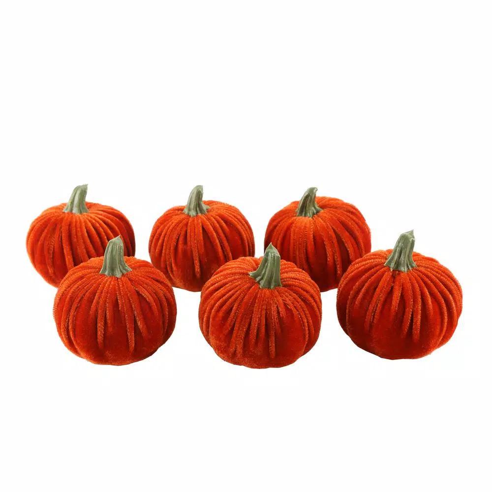 Flora Bunda 3 in. Fall Harvest Orange Velvet Pumpkins Set of 6 - Indoor Tabletop Decor