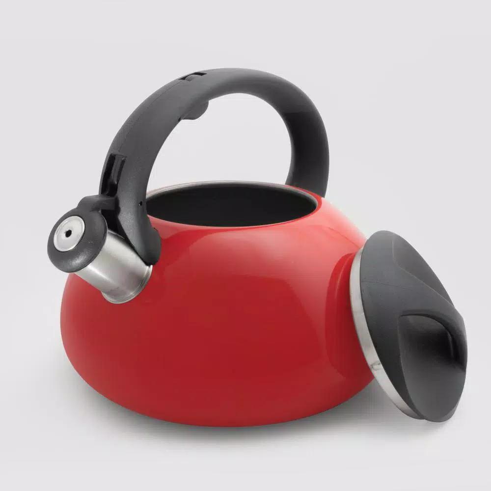 ExcelSteel 3 Qt. Red Stainless Steel Whistling Tea Kettle with Stay-Cool Bakelite Handle