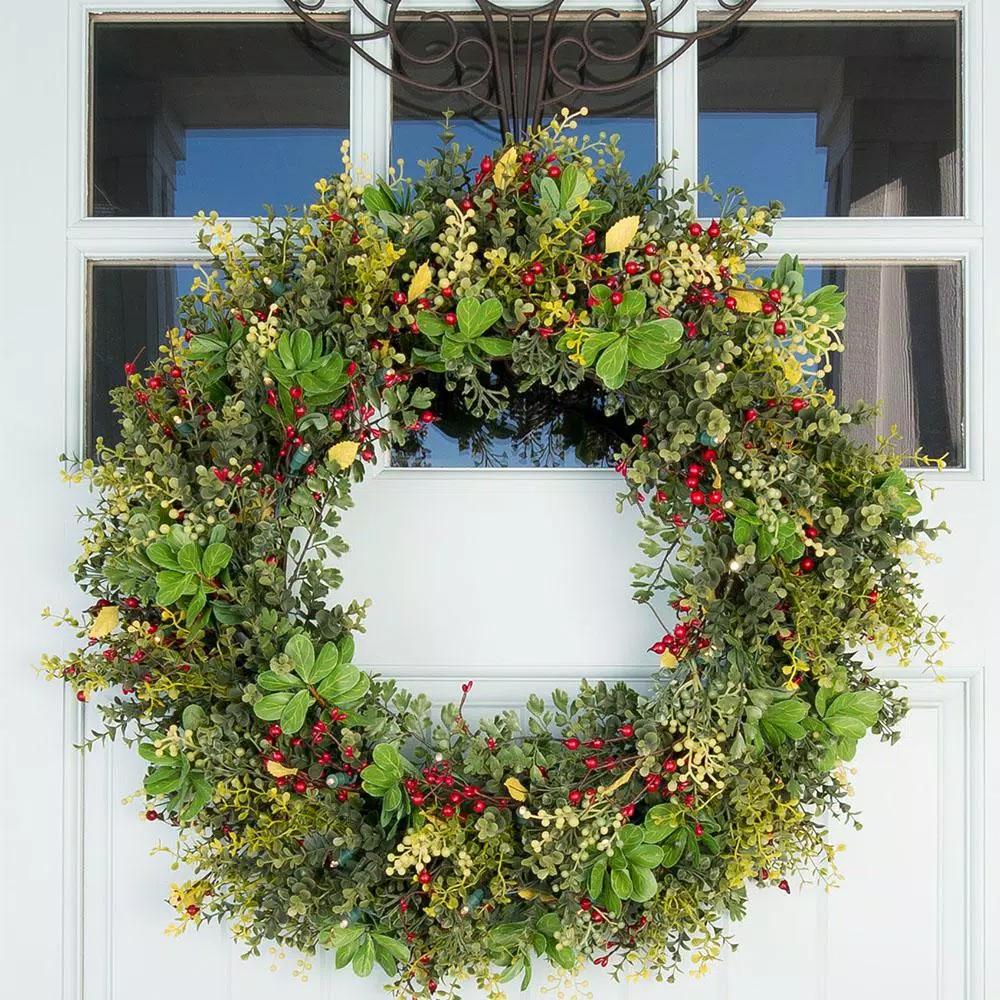 Village Lighting Company 30 in. Pre-Lit LED Boxwood and Berry Christmas Wreath with Remote and Timer