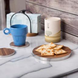Creative Home 7" Round Fiberboard Trivet and Serving Board with Acacia Finish and Stainless Steel Trim thumbnail 3