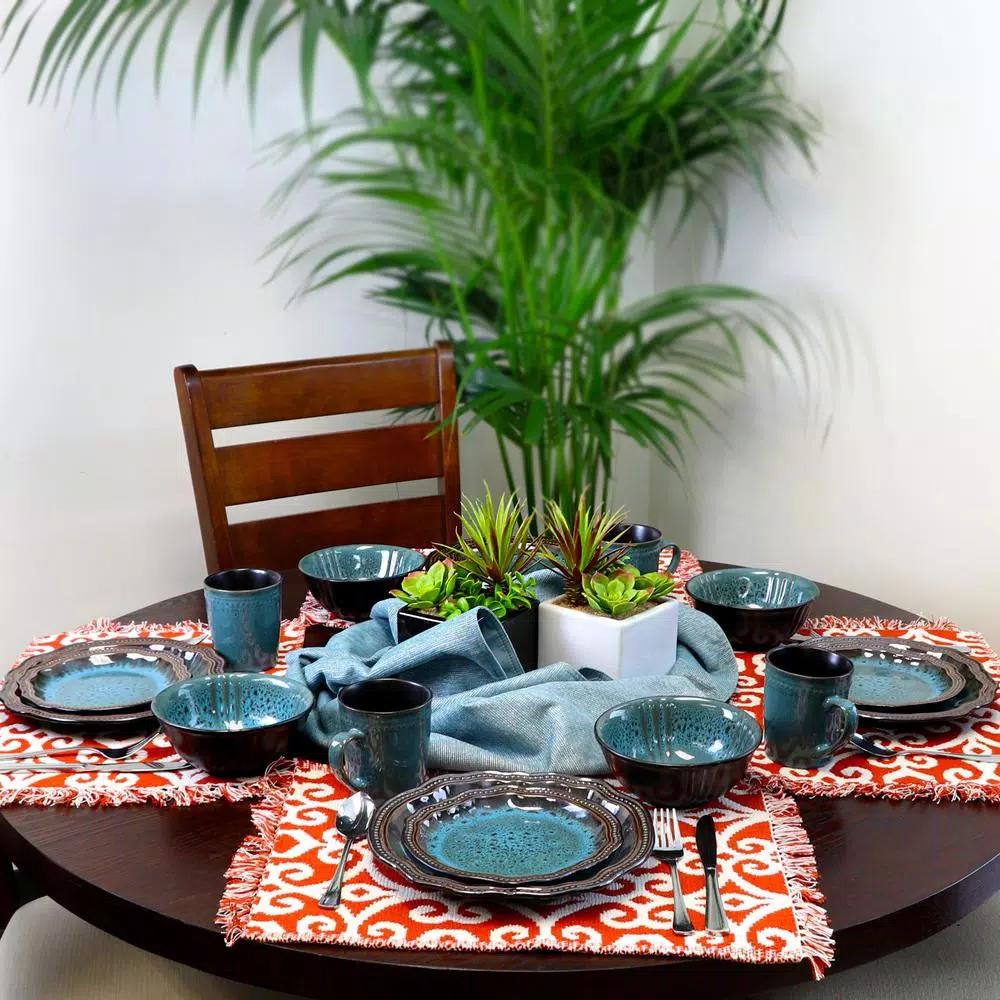Elama Mystic Waves 16-Piece Modern Blue Stoneware Dinnerware Set, Service for 4