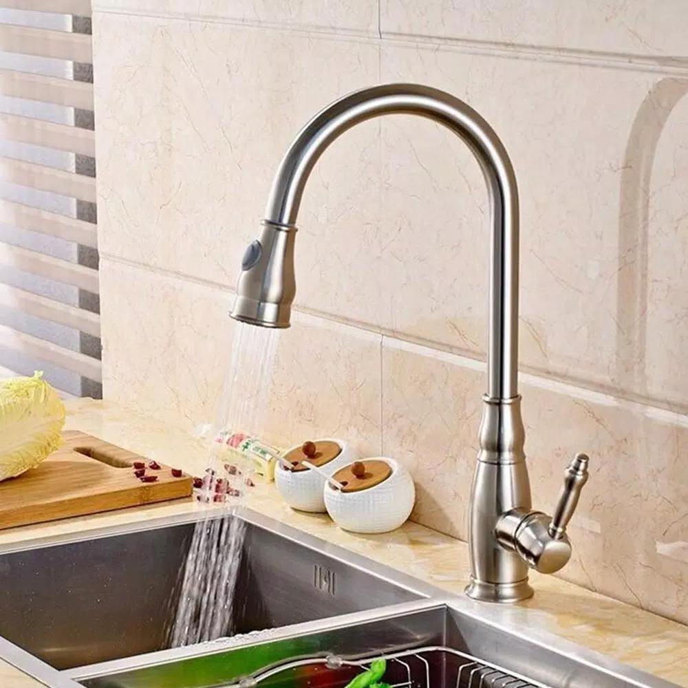 Vanity Art Brushed Nickel Single-Handle Pull-Down Kitchen Faucet with 360 Degree Swivel Spout