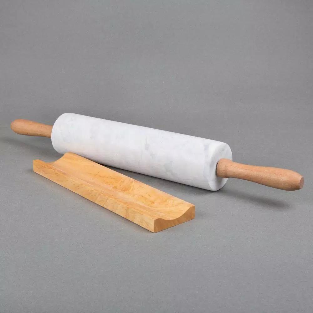 Creative Home Natural Marble Rolling Pin with Wooden Handles and Storage Cradle, 18 in.