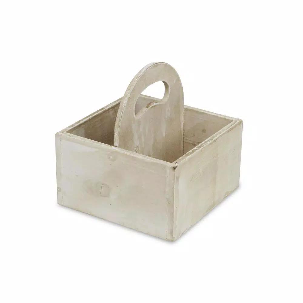 Cheungs White Wooden Square Caddy - Rustic Farmhouse Decorative Tray with Handle