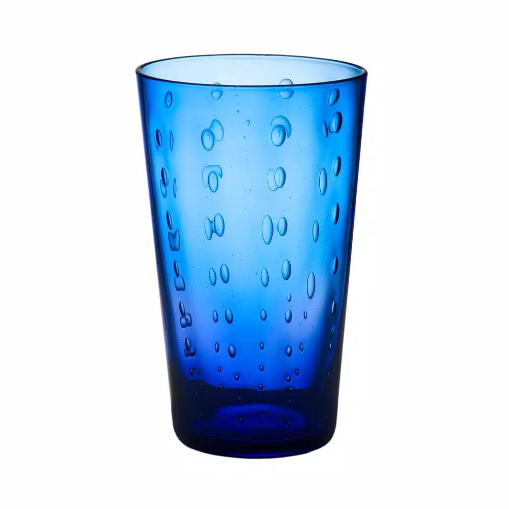 Abigails Blue Rain Drop Highball Glass Set of 4 - Mouth-Blown Bubble Glassware