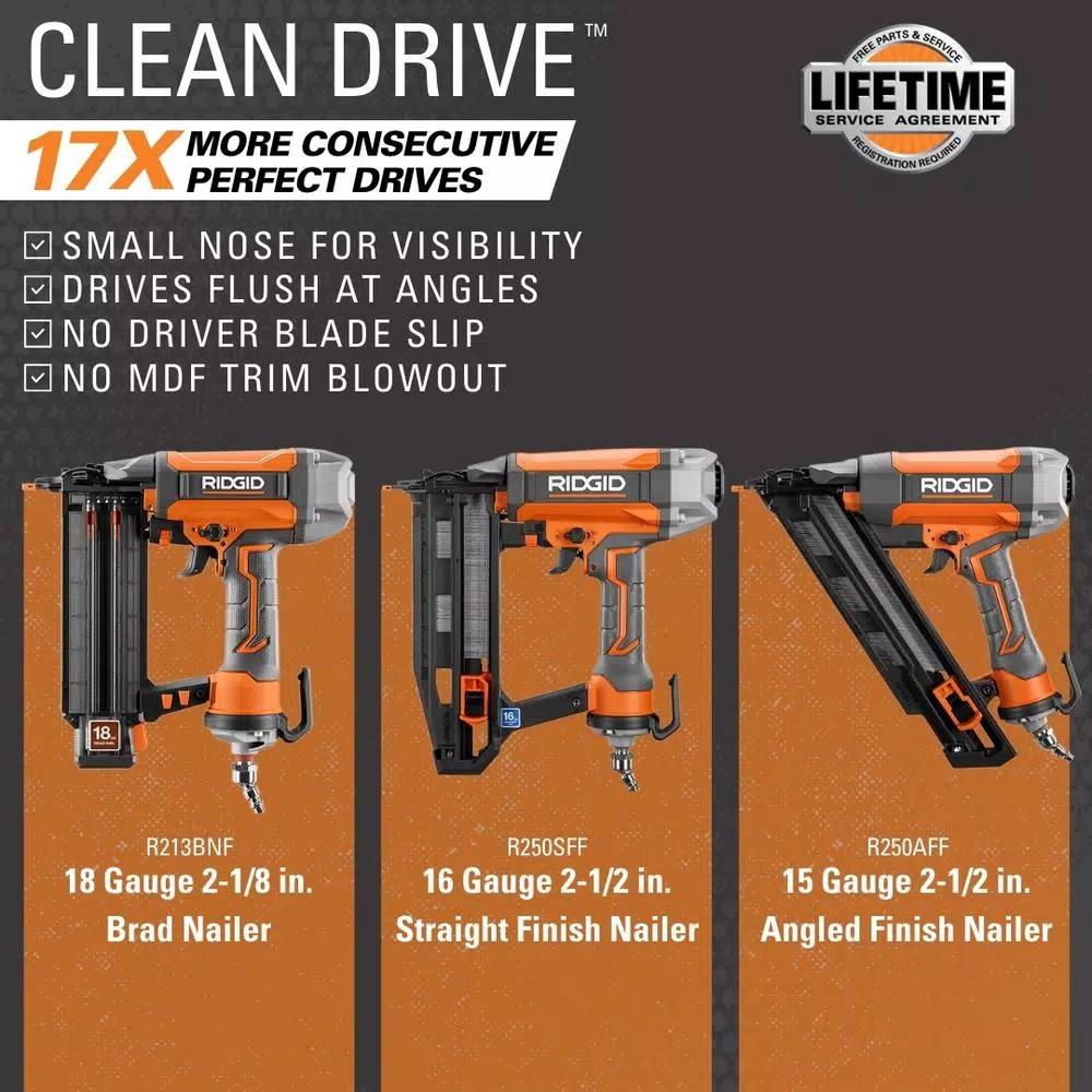 RIDGID 18-Gauge 2-1/8 in. Brad Nailer Kit with CLEAN DRIVE Technology and 50 ft. Lay Flat Air Hose